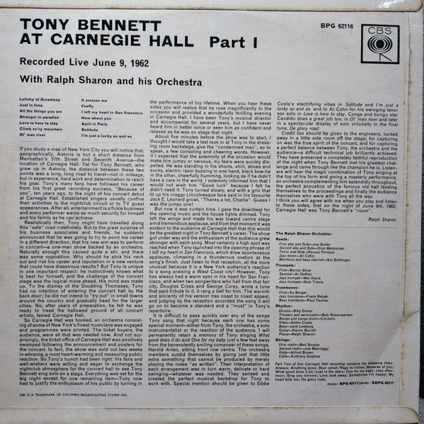 Tony Bennett With Ralph Sharon And His Orchestra - Tony Bennett At Carnegie Hall, Part I (LP, Mono)
