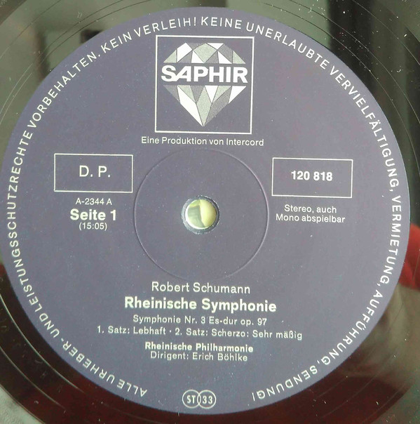 Robert Schumann, Rheinische Philharmonie, Erich Böhlke - Rheinische Symphonie (Symphonie Nr. 3 Es'dur Op. 97) (LP, RP)