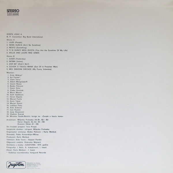 Josipa Lisac & B. P. Convention Big Band International* - Josipa Lisac & B. P. Convention Big Band International (LP, Album, Whi)