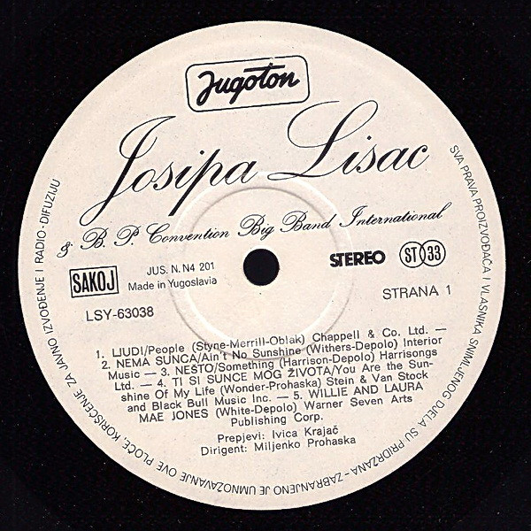Josipa Lisac & B. P. Convention Big Band International* - Josipa Lisac & B. P. Convention Big Band International (LP, Album, Whi)