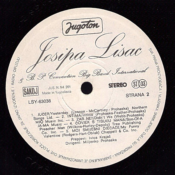 Josipa Lisac & B. P. Convention Big Band International* - Josipa Lisac & B. P. Convention Big Band International (LP, Album, Whi)