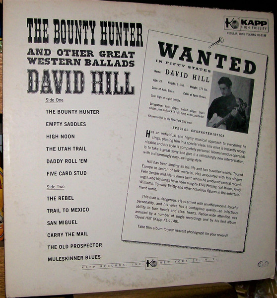 David Hill (4) - The Bounty Hunter (And Other Great Western Ballads) (LP, Album, Mono)