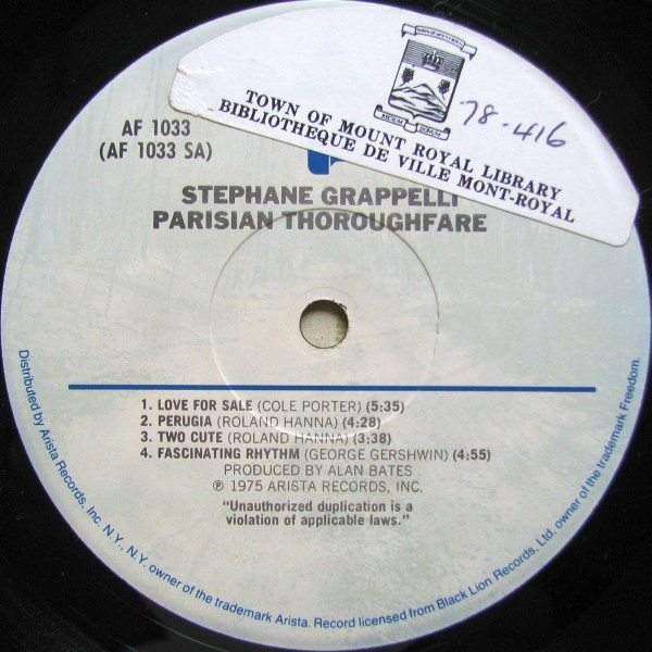 Stephane Grappelli* - Parisian Thoroughfare (LP, Album)