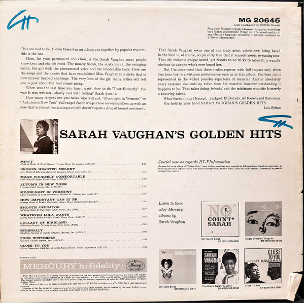 Sarah Vaughan - Sarah Vaughan's Golden Hits!!! (LP, Album, Comp, Mono)