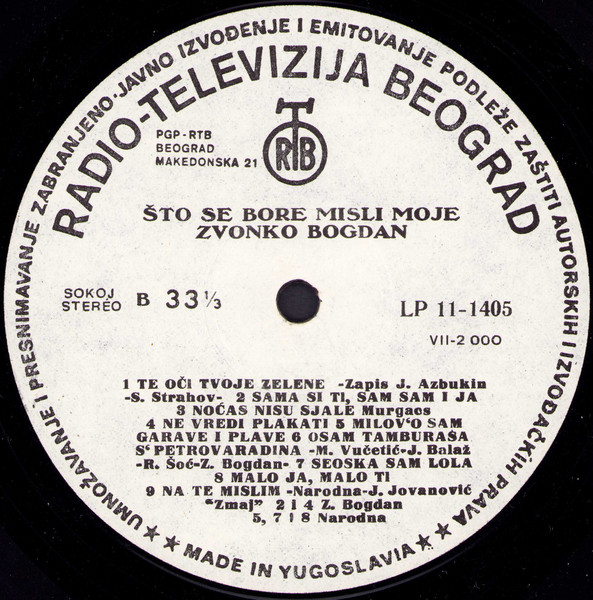 Zvonko Bogdan - Što Se Bore Misli Moje (LP, Album, RE, RP, 7th)