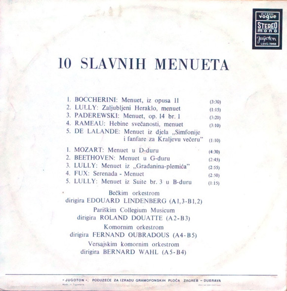 Various - 10 Menuets Celebres = 10 Slavnih Menuetta (2xLP, Comp)