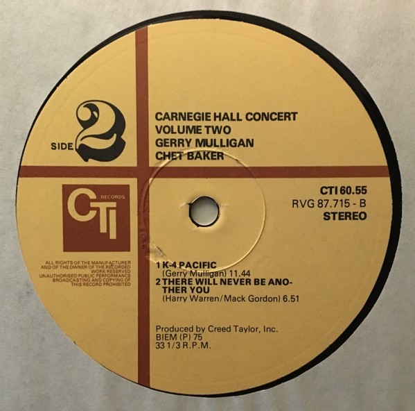 Gerry Mulligan, Chet Baker - Carnegie Hall Concert Volume 2 (LP, Album, Gat)