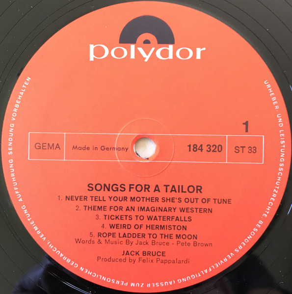 Jack Bruce Featuring Dick Heckstall-Smith, Jon Hiseman, Chris Spedding, Felix Pappalardi, John Marshall - Songs For A Tailor (LP, Album, RP)