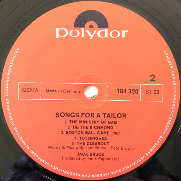 Jack Bruce Featuring Dick Heckstall-Smith, Jon Hiseman, Chris Spedding, Felix Pappalardi, John Marshall - Songs For A Tailor (LP, Album, RP)