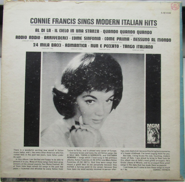 Connie Francis - Connie Francis Sings Modern Italian Hits (LP, Album, Mono)