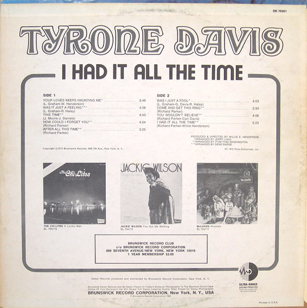 Tyrone Davis - I Had It All The Time (LP, Album, PRC)