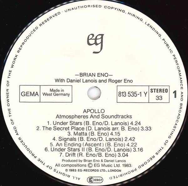 Brian Eno With Daniel Lanois & Roger Eno - Apollo (Atmospheres & Soundtracks) (LP, Album)