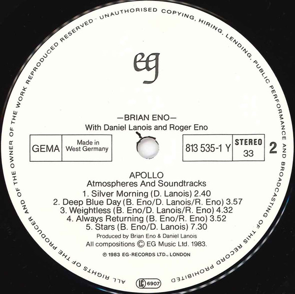 Brian Eno With Daniel Lanois & Roger Eno - Apollo (Atmospheres & Soundtracks) (LP, Album)