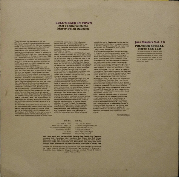 Mel Tormé With The Marty Paich Dektette* - Lulu's Back In Town (LP, Album, RE)