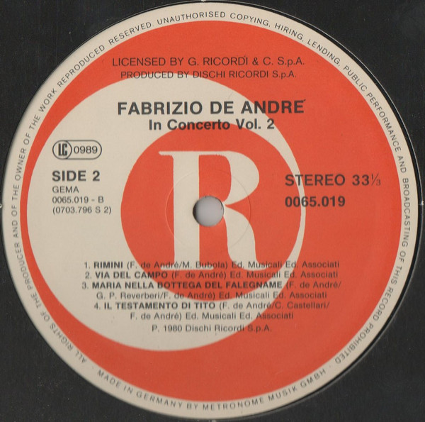 Fabrizio De Andre'* - In Concerto Vol. 2 (LP, Album)