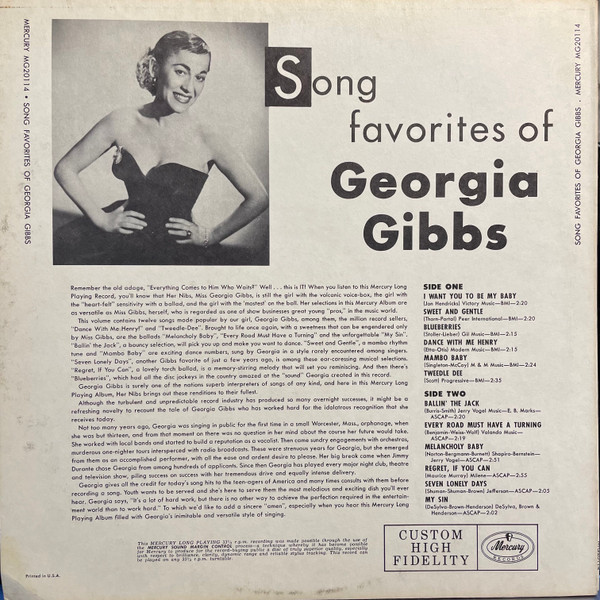 Georgia Gibbs - Song Favorites Of Georgia Gibbs (LP, Album, Mono)