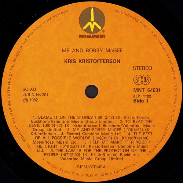 Kris Kristofferson - Me And Bobby McGee (LP, Album, RE)