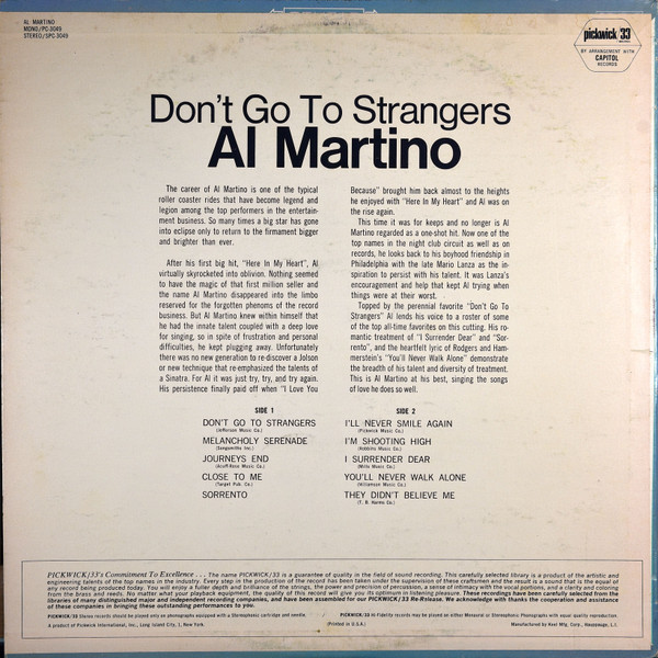 Al Martino - Don't Go To Strangers (LP, Album, Mono)