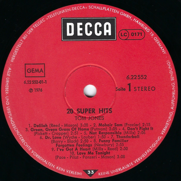 Tom Jones - 20 Super Hits By Tom Jones (LP, Comp)