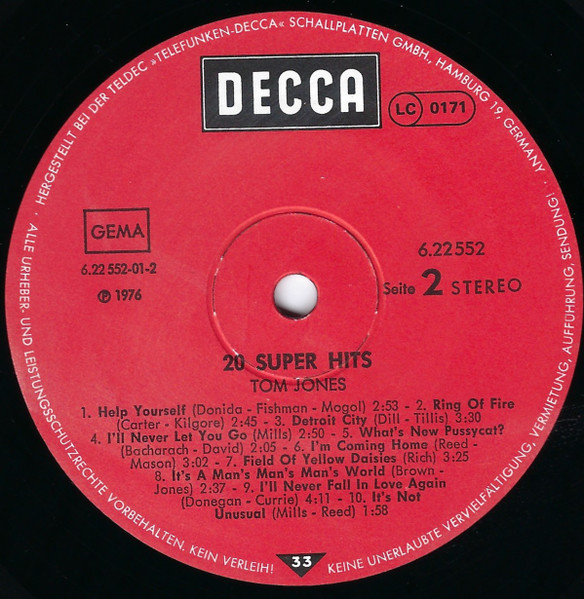 Tom Jones - 20 Super Hits By Tom Jones (LP, Comp)
