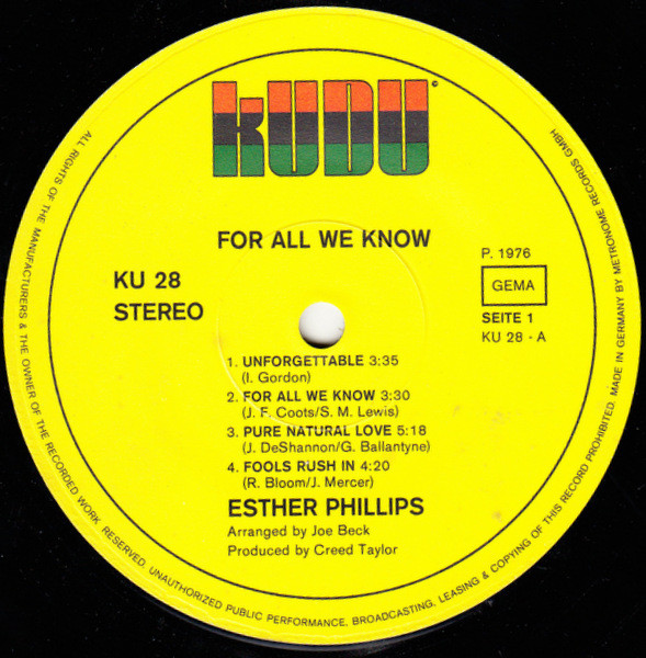 Esther Phillips With Beck* - For All We Know (LP, Album)