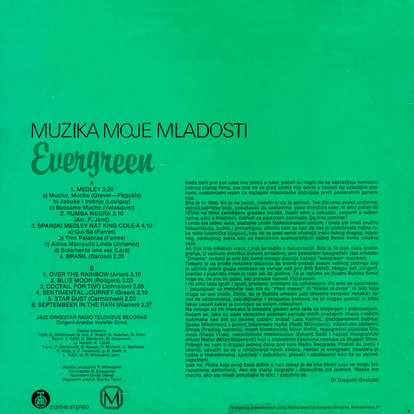 Jazz Orkestar Radio-Televizije Beograd - Muzika Moje Mladosti Evergreen (LP, Album)