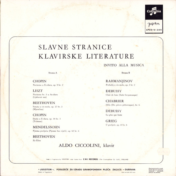 Aldo Ciccolini, Sergei Vasilyevich Rachmaninoff, Frédéric Chopin, Franz Liszt, Ludwig van Beethoven, Felix Mendelssohn-Bartholdy, Claude Debussy, Emmanuel Chabrier, Edvard Grieg - Invito Alla Musica / Slavne Stranice Klavirske Literature (LP)