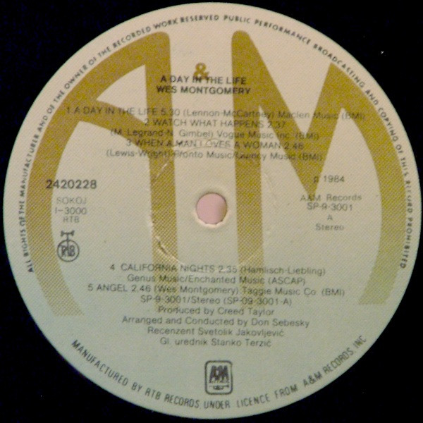 Wes Montgomery - A Day In The Life (LP, Album, Gat)