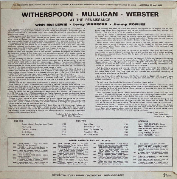 Jimmy Witherspoon - Gerry Mulligan - Ben Webster - Live At The Renaissance Of Los Angeles (LP, Album, RE)