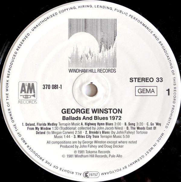 George Winston - Ballads And Blues 1972 (LP, Album, RE)