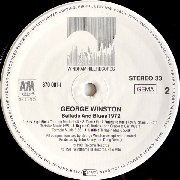 George Winston - Ballads And Blues 1972 (LP, Album, RE)