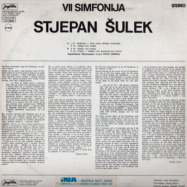 Stjepan Šulek - VII Simfonija = VII Symphony (LP, Album)