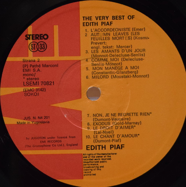 Edith Piaf - The Very Best Of Edith Piaf (LP, Comp, Mono)