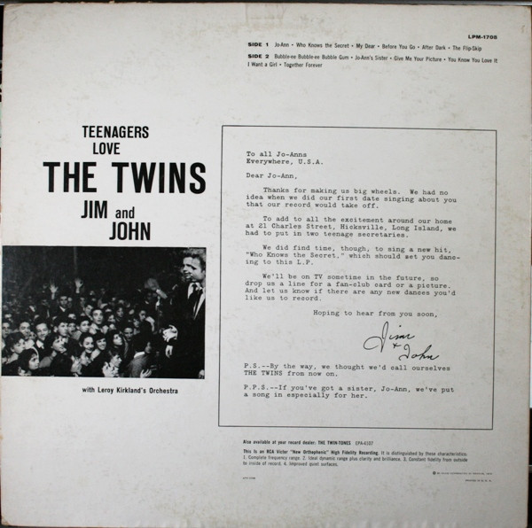 The Twins Jim And John - Teenagers Love The Twins (LP, Album, Mono)