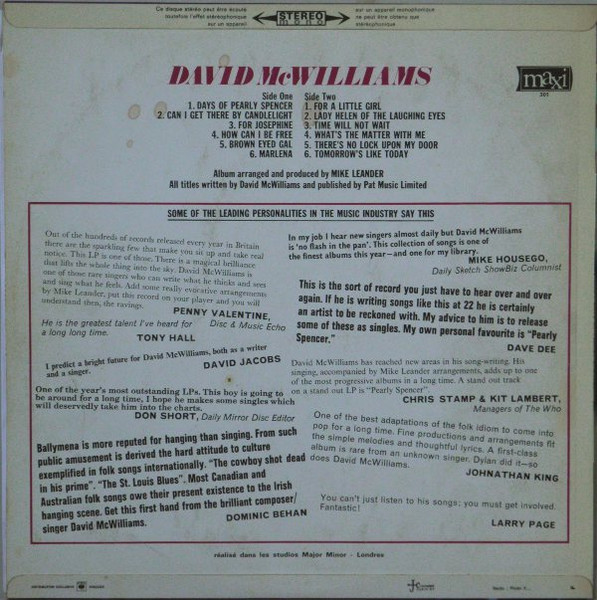 David McWilliams - Days Of Pearly Spencer (LP, Album)