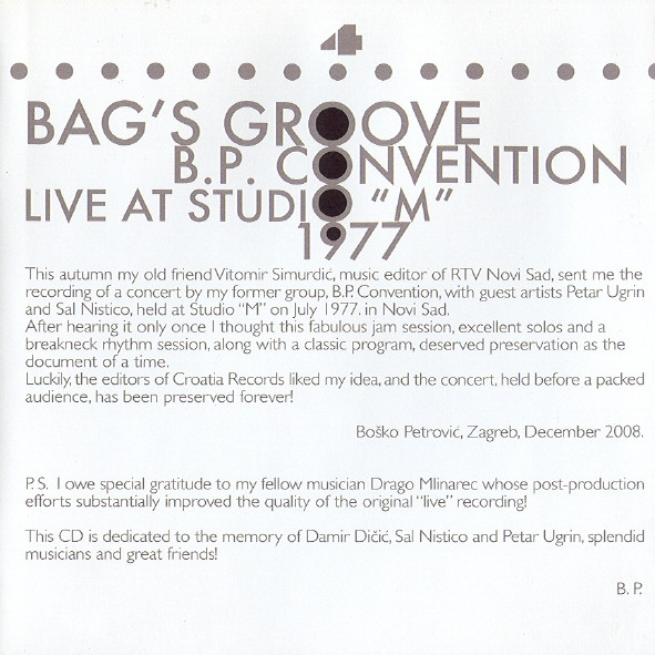 B. P. Convention Featuring Sal Nistico - Bag's Groove - Live At Studio 
