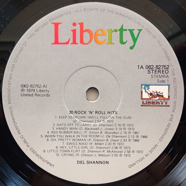 Del Shannon - 20 Rock 'N' Roll Hits (LP, Comp, RE)