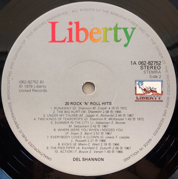 Del Shannon - 20 Rock 'N' Roll Hits (LP, Comp, RE)