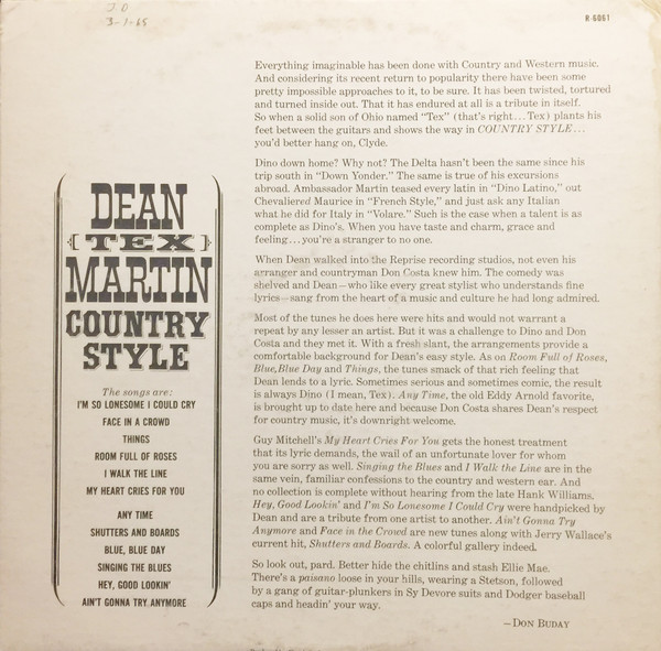 Dean (Tex) Martin* - Country Style (LP, Album, Mono)