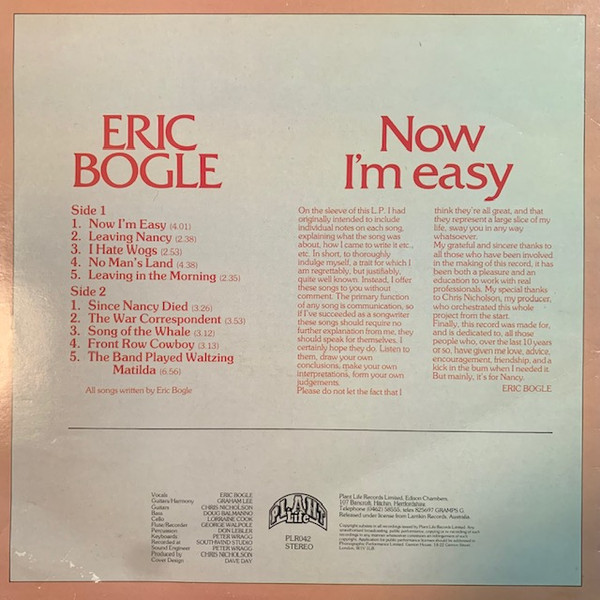 Eric Bogle - Now I'm Easy (LP, Album)