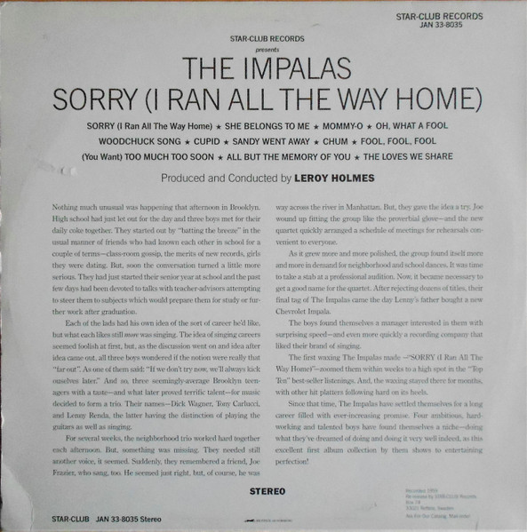 The Impalas - Sorry (I Ran All The Way Home) (LP, Album, RE)