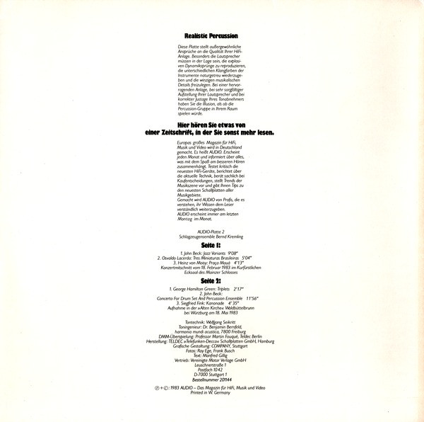 Schlagzeugensemble Bernd Kremling - Audioplatte 2: Realistic Percussion (LP, 180)