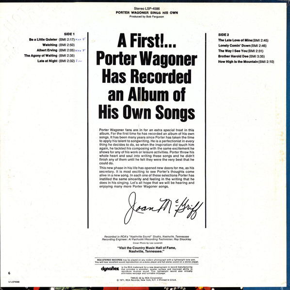 Porter Wagoner - Porter Wagoner Sings His Own (LP, Album, Ind)