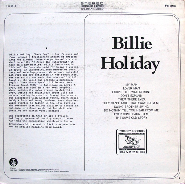 Billie Holiday - Billie Holiday (LP, Comp, RE)