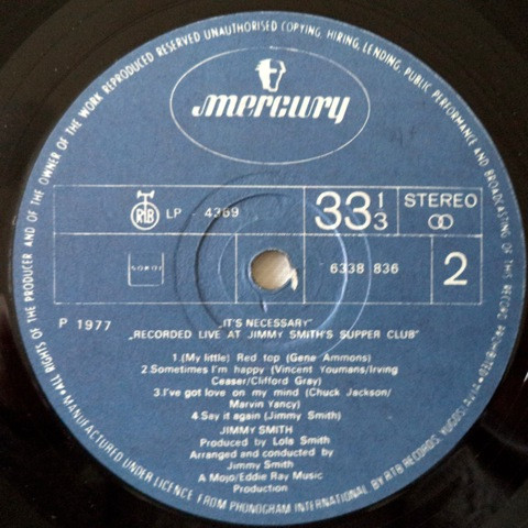 Jimmy Smith - It's Necessary (Recorded Live At Jimmy Smith's Supper Club) (LP, Album)