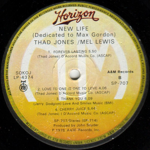 Thad Jones / Mel Lewis* - New Life (Dedicated To Max Gordon) (LP, Album)
