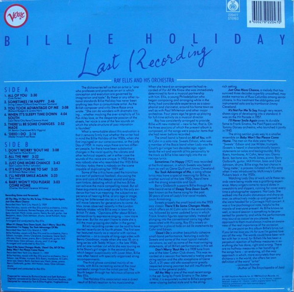 Billie Holiday With Ray Ellis And His Orchestra - Last Recording (LP, Album)