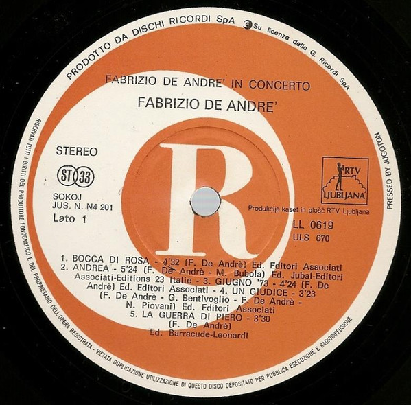 Fabrizio De AndrÃ© - Fabrizio De AndrÃ© In Concerto (LP, Album, Gat)