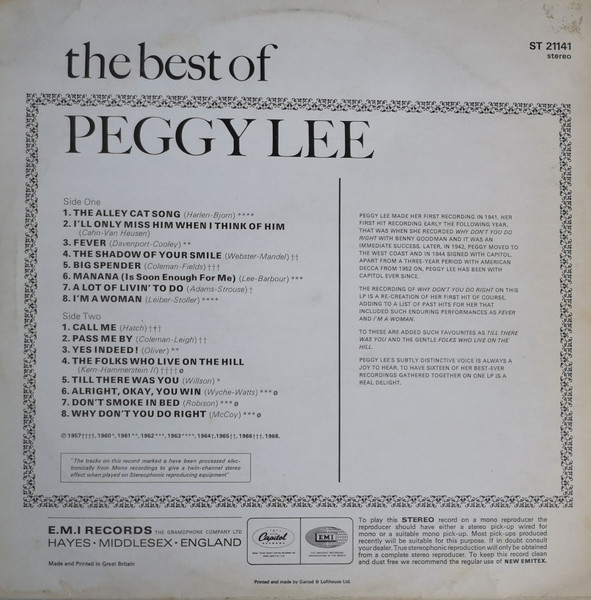 Peggy Lee - The Best Of Peggy Lee (LP, Comp)