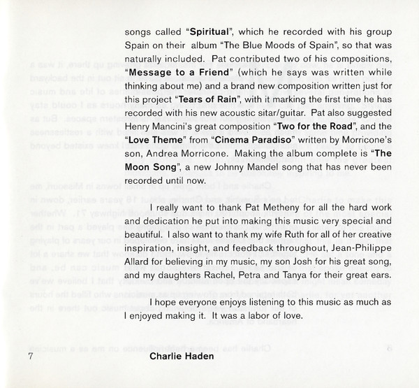Charlie Haden & Pat Metheny - Beyond The Missouri Sky (Short Stories) (CD, Album, Dig)